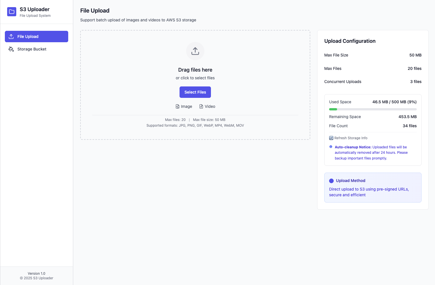 An AWS S3 batch upload template based on Next.js 14 and App Router, demonstrating how to perform pre-signed uploads using AWS S3; As well as bucket file management, bucket lifecycle management, bucket permission management, etc.